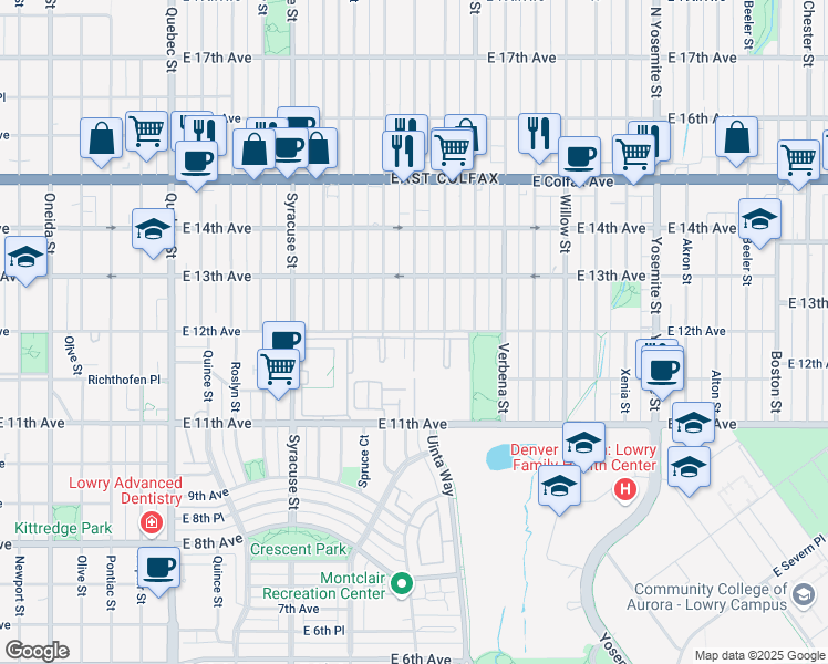 map of restaurants, bars, coffee shops, grocery stores, and more near 8000 East 12th Avenue in Denver