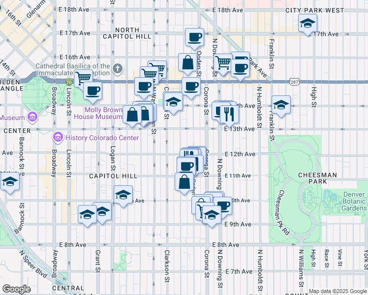 map of restaurants, bars, coffee shops, grocery stores, and more near 910 East 12th Avenue in Denver