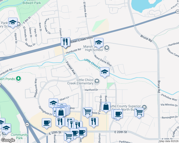 map of restaurants, bars, coffee shops, grocery stores, and more near 2060 Amanda Way in Chico