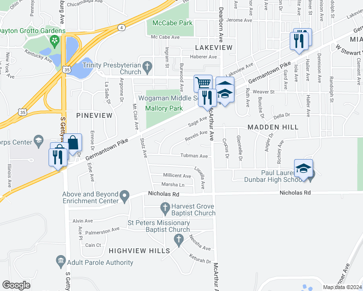 map of restaurants, bars, coffee shops, grocery stores, and more near 2916 Revels Avenue in Dayton