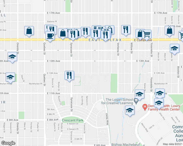 map of restaurants, bars, coffee shops, grocery stores, and more near East 12th Avenue & Tamarac Street in Denver