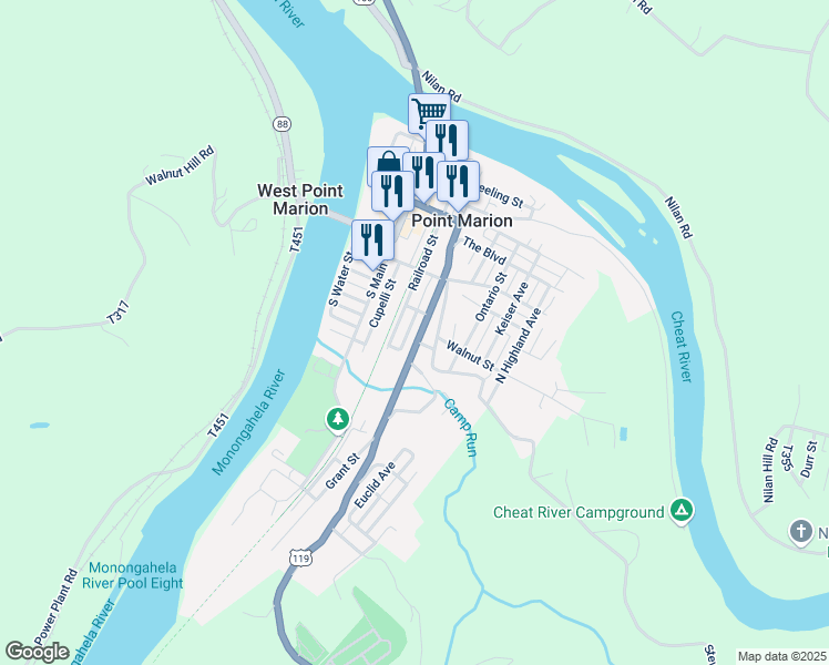 map of restaurants, bars, coffee shops, grocery stores, and more near 707 Morgantown Street in Point Marion