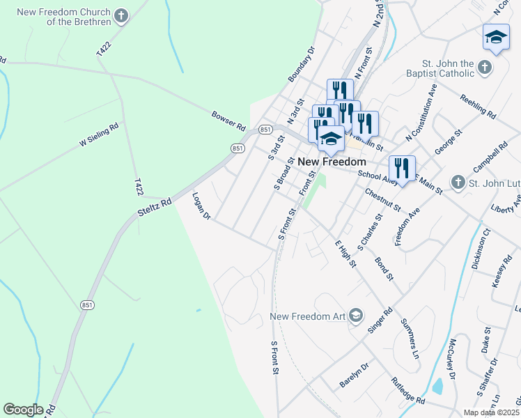 map of restaurants, bars, coffee shops, grocery stores, and more near 108 South Broad Street in New Freedom