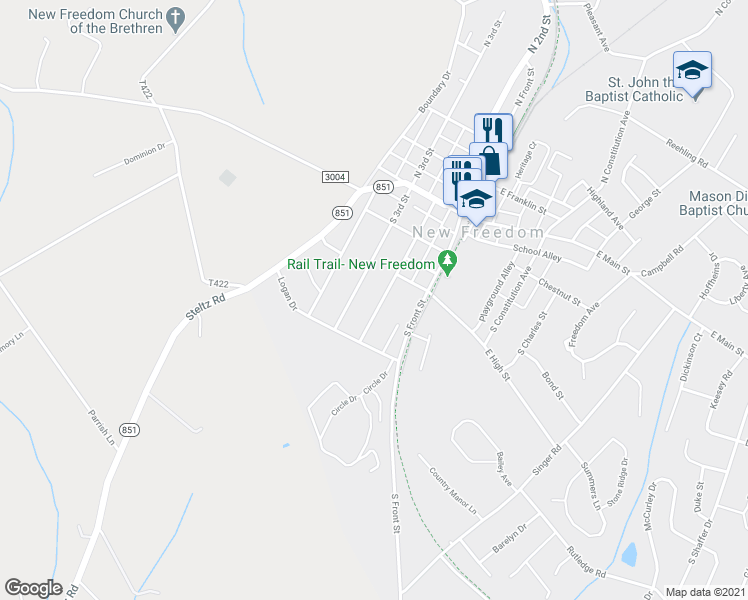 map of restaurants, bars, coffee shops, grocery stores, and more near 108 South Broad Street in New Freedom