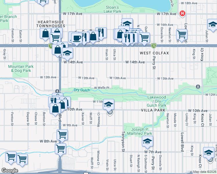 map of restaurants, bars, coffee shops, grocery stores, and more near 1203 Utica Street in Denver