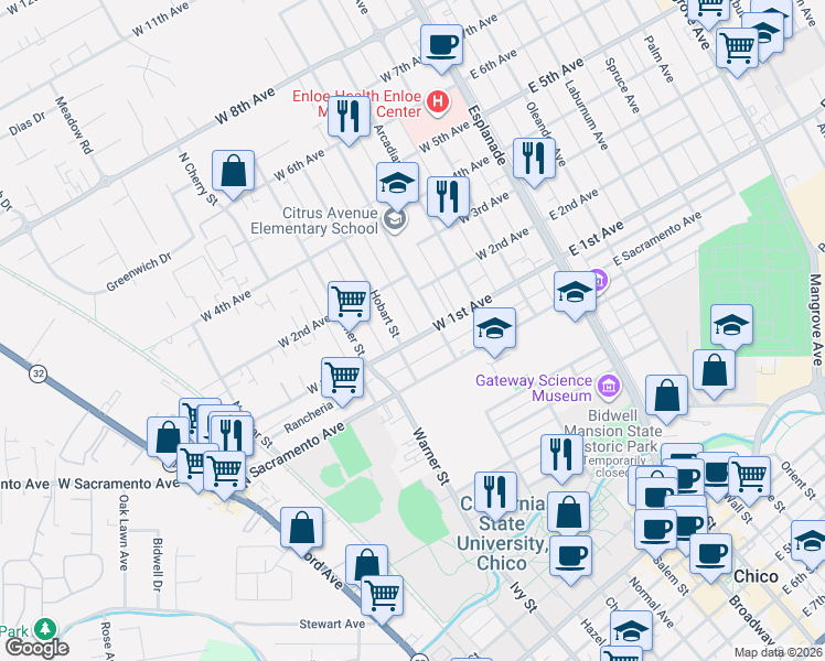 map of restaurants, bars, coffee shops, grocery stores, and more near 421 West 1st Avenue in Chico