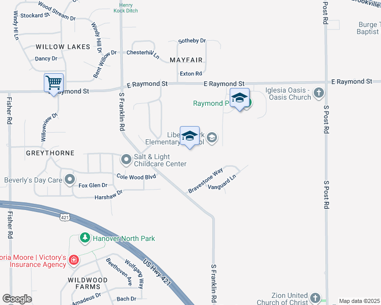 map of restaurants, bars, coffee shops, grocery stores, and more near 8425 East Raymond Street in Indianapolis