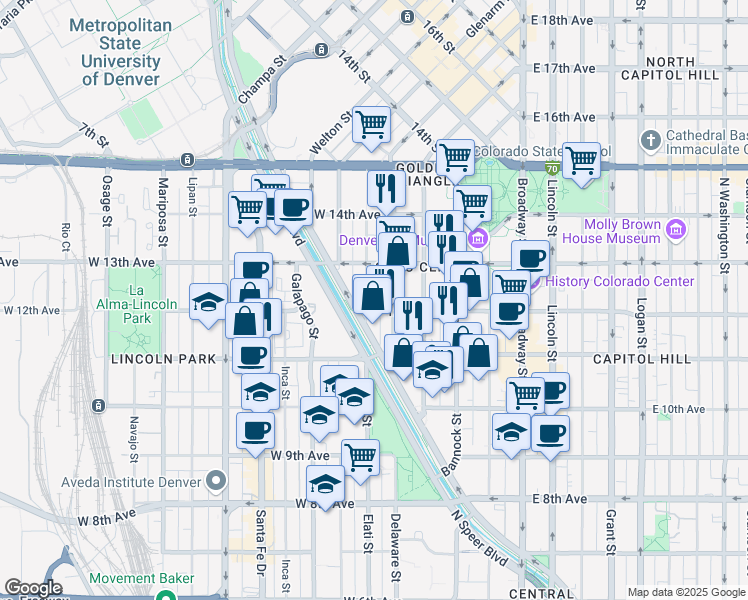 map of restaurants, bars, coffee shops, grocery stores, and more near 475 West 12th Avenue in Denver