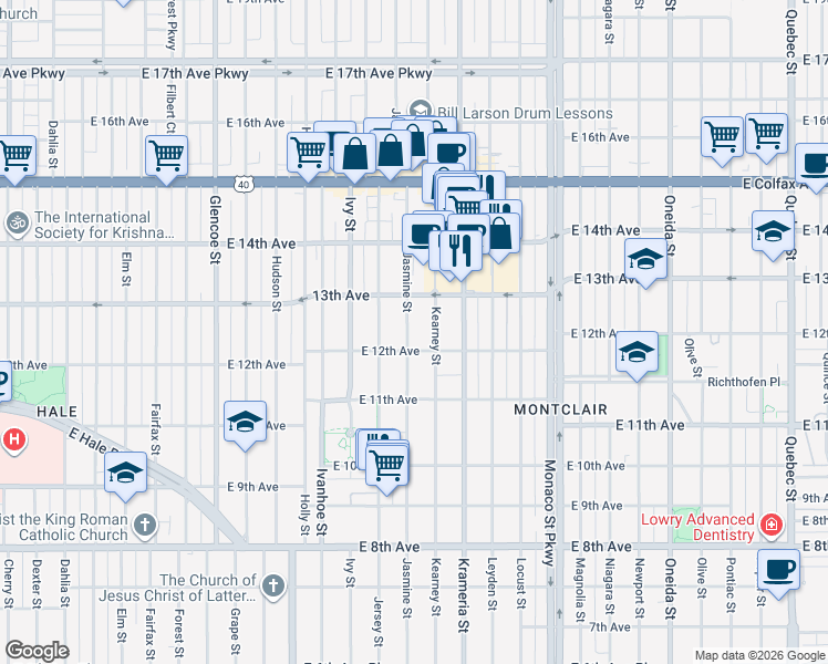 map of restaurants, bars, coffee shops, grocery stores, and more near 1220 Jasmine Street in Denver