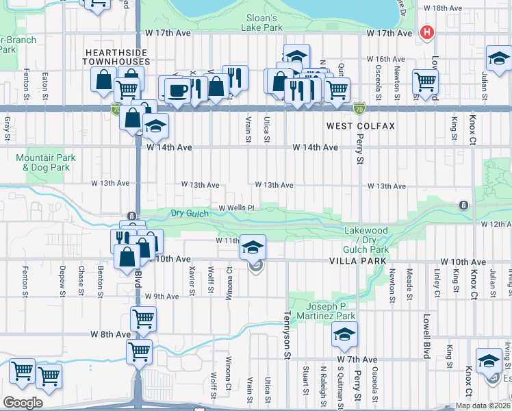 map of restaurants, bars, coffee shops, grocery stores, and more near 1203 Utica Street in Denver