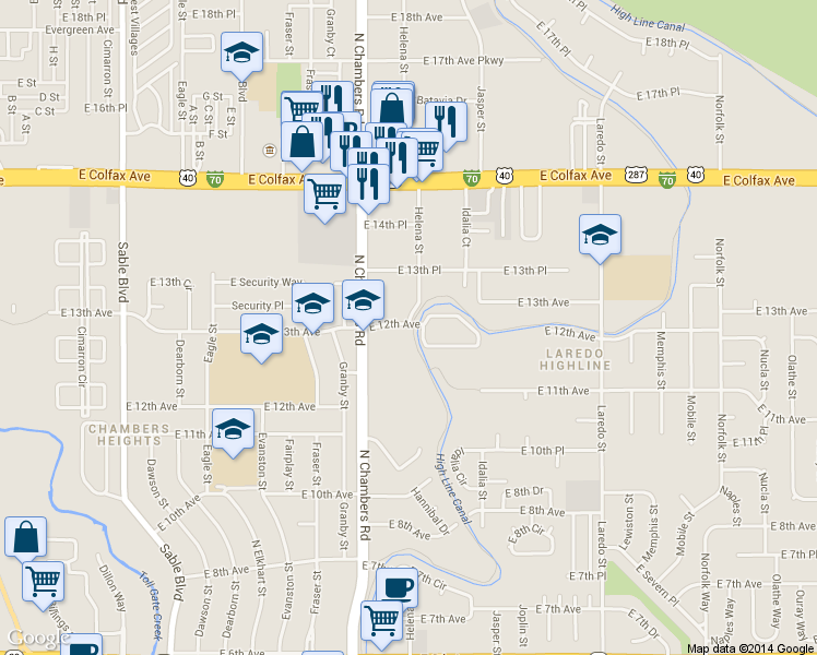 map of restaurants, bars, coffee shops, grocery stores, and more near 15574 East 12th Avenue in Aurora