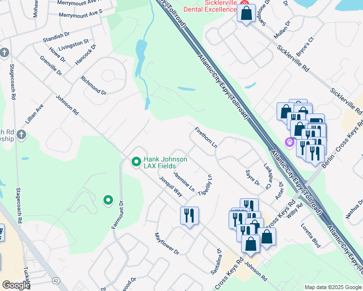 map of restaurants, bars, coffee shops, grocery stores, and more near 40 Jonquil Way in Sicklerville