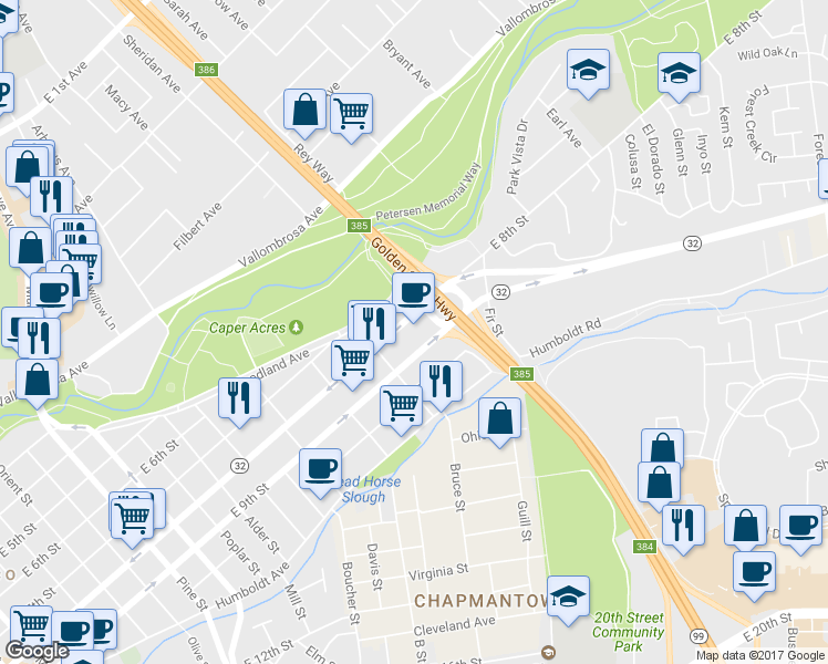 map of restaurants, bars, coffee shops, grocery stores, and more near 1387 East 8th Street in Chico