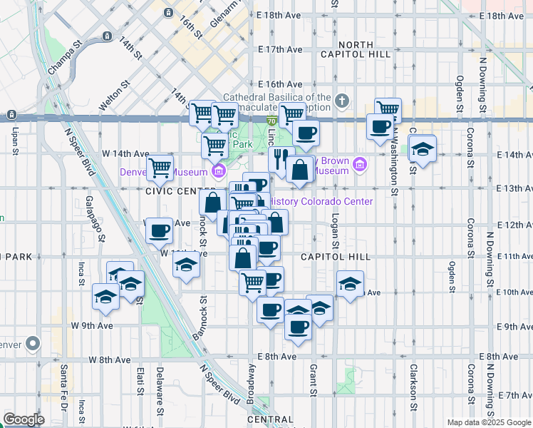 map of restaurants, bars, coffee shops, grocery stores, and more near 1200 Broadway in Denver