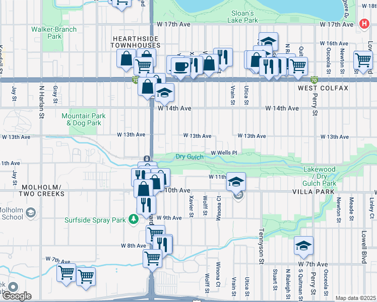 map of restaurants, bars, coffee shops, grocery stores, and more near 1200 Xavier Street in Denver