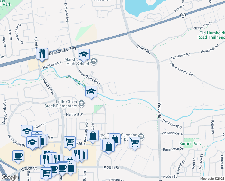 map of restaurants, bars, coffee shops, grocery stores, and more near 2265 Maclovia Avenue in Chico