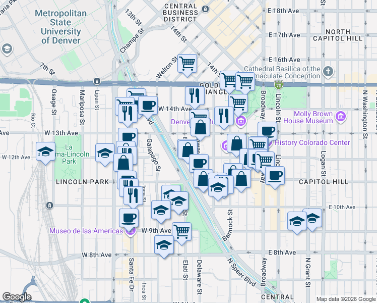 map of restaurants, bars, coffee shops, grocery stores, and more near in Denver