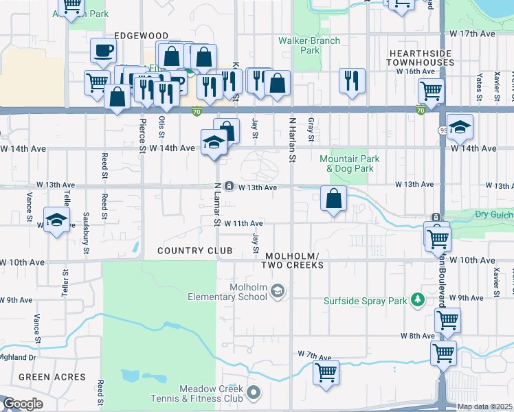 map of restaurants, bars, coffee shops, grocery stores, and more near 6190 West 13th Avenue in Denver