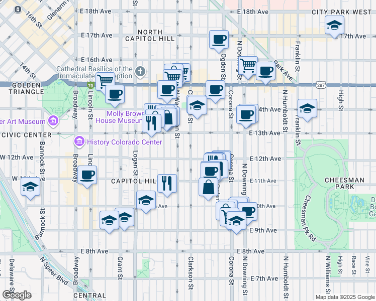 map of restaurants, bars, coffee shops, grocery stores, and more near 1154-1198 North Clarkson street in Denver
