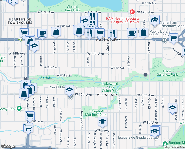 map of restaurants, bars, coffee shops, grocery stores, and more near 1243 Raleigh Street in Denver