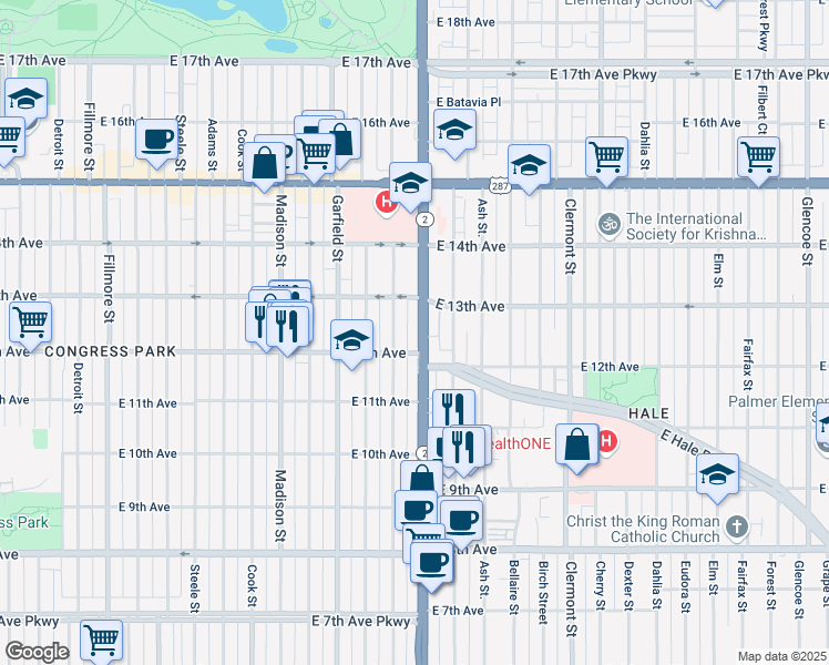 map of restaurants, bars, coffee shops, grocery stores, and more near 1225 Colorado Boulevard in Denver