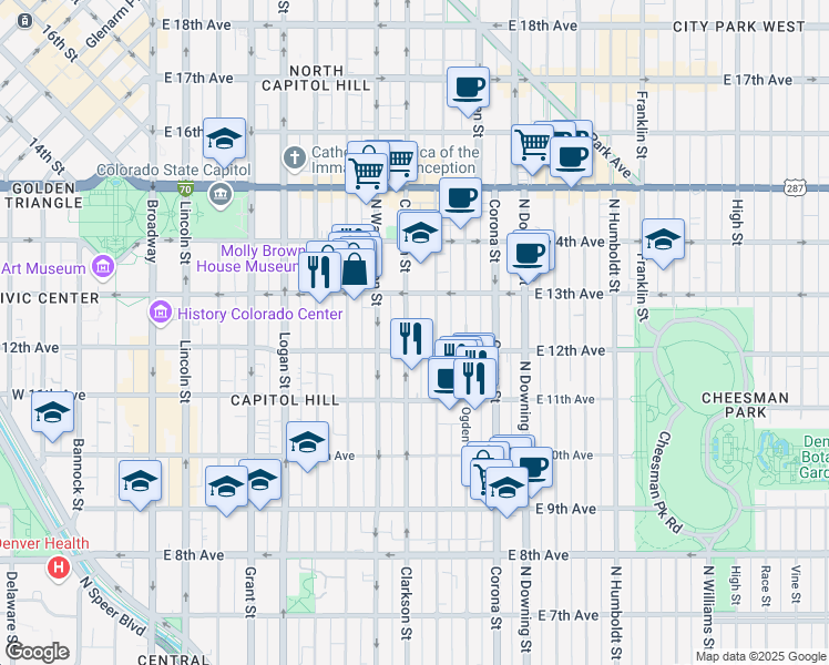 map of restaurants, bars, coffee shops, grocery stores, and more near 810 East 12th Avenue in Denver