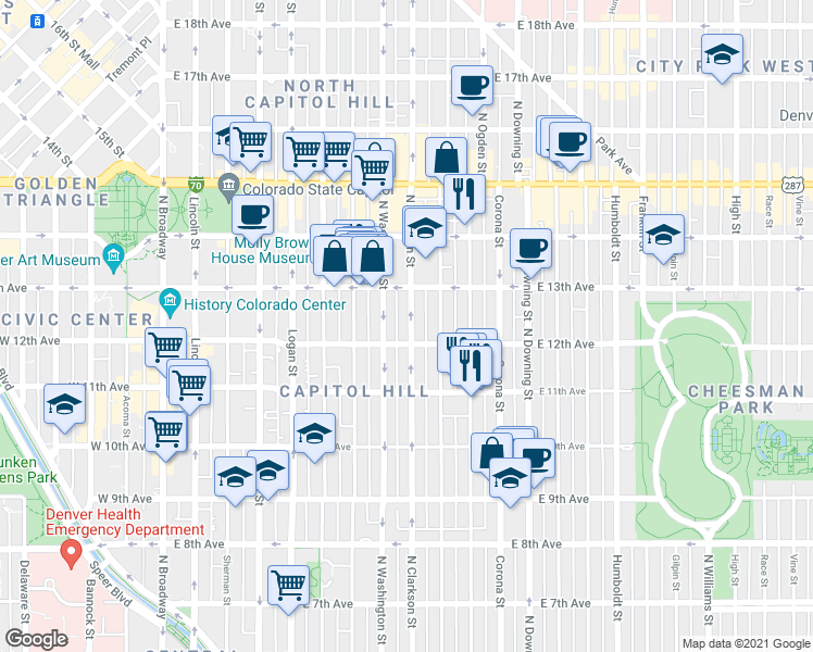 map of restaurants, bars, coffee shops, grocery stores, and more near 810 East 12th Avenue in Denver