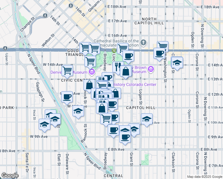 map of restaurants, bars, coffee shops, grocery stores, and more near 1141 Lincoln Street in Denver