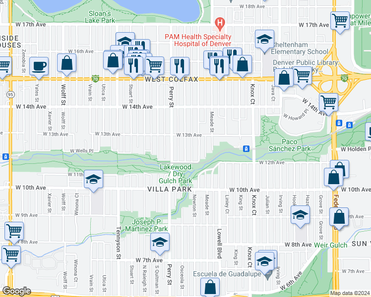 map of restaurants, bars, coffee shops, grocery stores, and more near 1212 Osceola Street in Denver