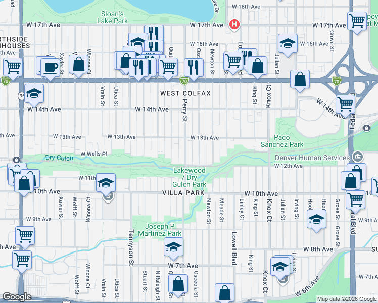 map of restaurants, bars, coffee shops, grocery stores, and more near 1200 Perry Street in Denver
