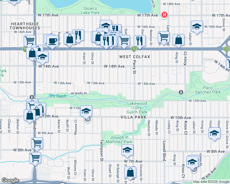map of restaurants, bars, coffee shops, grocery stores, and more near 1201 Raleigh Street in Denver