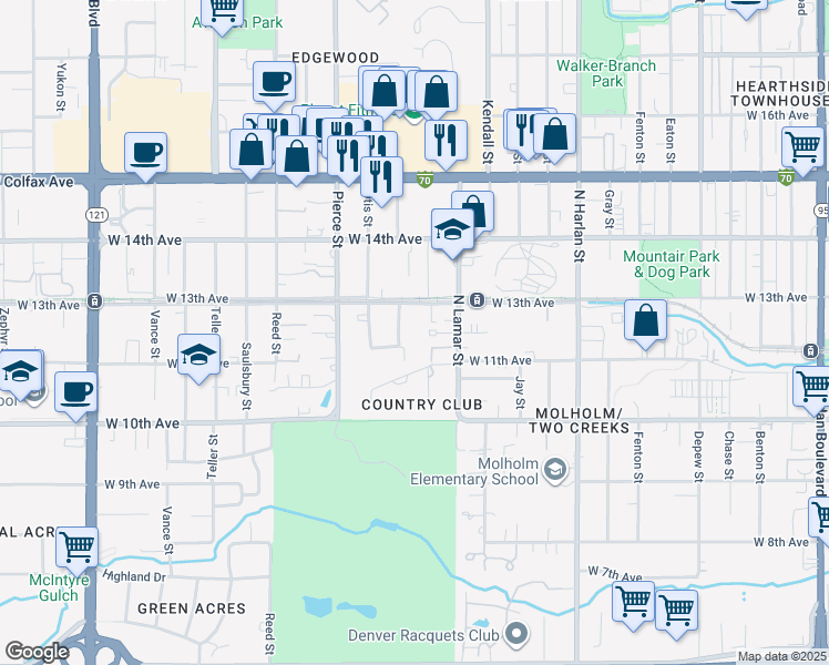 map of restaurants, bars, coffee shops, grocery stores, and more near 6600 West 12th Place in Lakewood