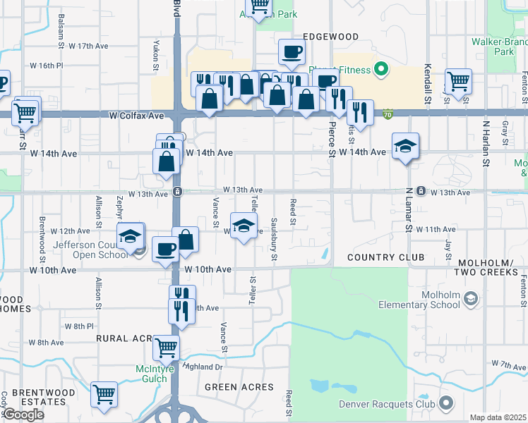 map of restaurants, bars, coffee shops, grocery stores, and more near 1215 Teller Street in Lakewood