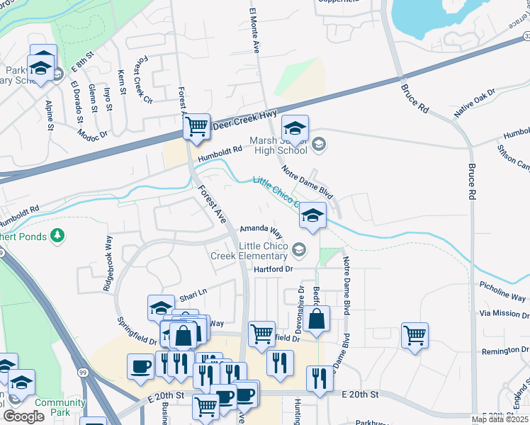 map of restaurants, bars, coffee shops, grocery stores, and more near 2071 Amanda Way in Chico