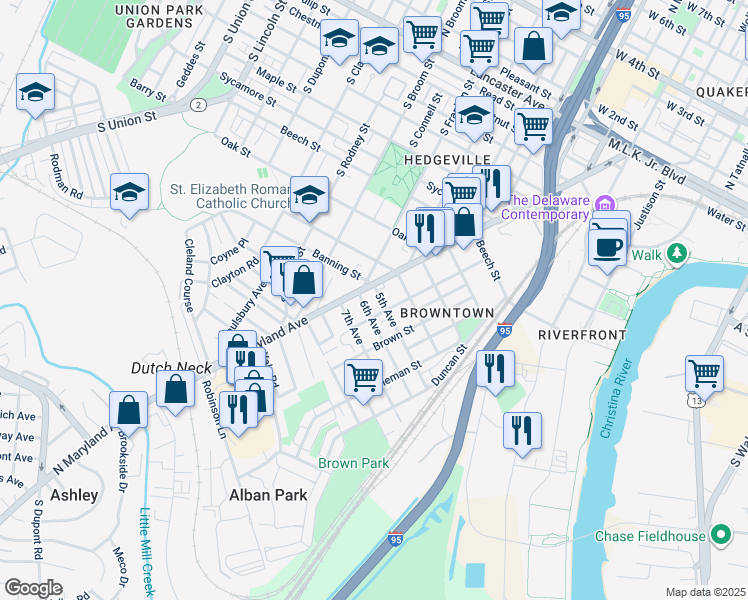 map of restaurants, bars, coffee shops, grocery stores, and more near 1114 Anchorage Street in Wilmington