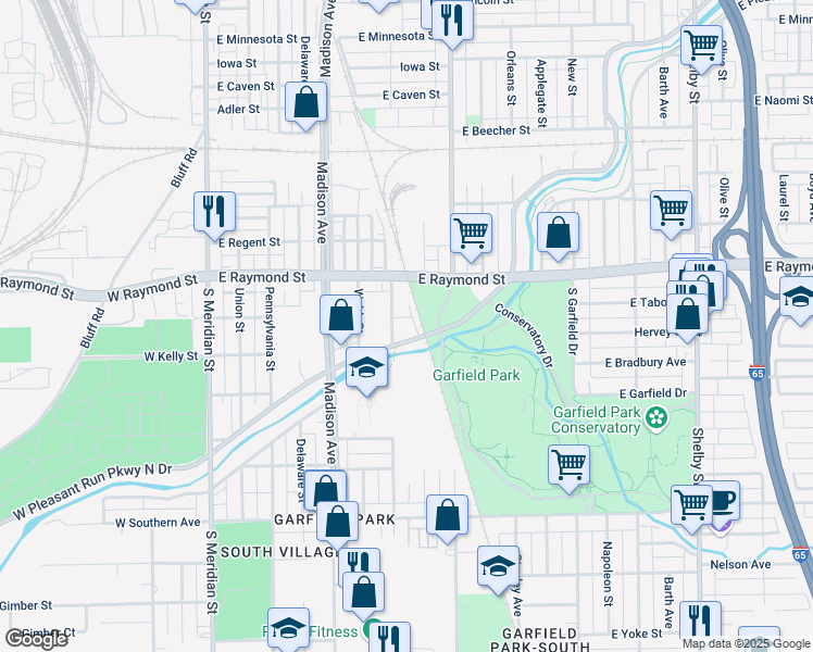 map of restaurants, bars, coffee shops, grocery stores, and more near 312 East Pleasant Run Parkway North Drive in Indianapolis
