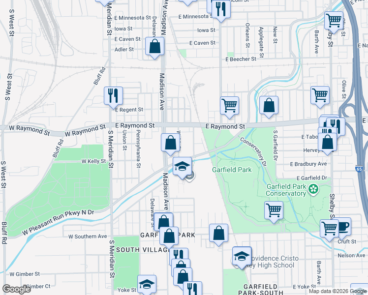 map of restaurants, bars, coffee shops, grocery stores, and more near 234 East Pleasant Run Parkway North Drive in Indianapolis