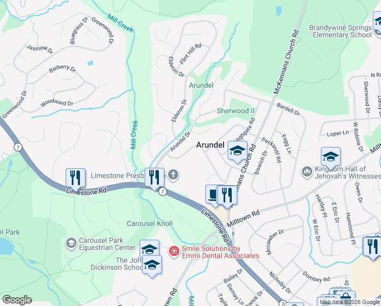 map of restaurants, bars, coffee shops, grocery stores, and more near 2806 Fawkes Drive in Wilmington