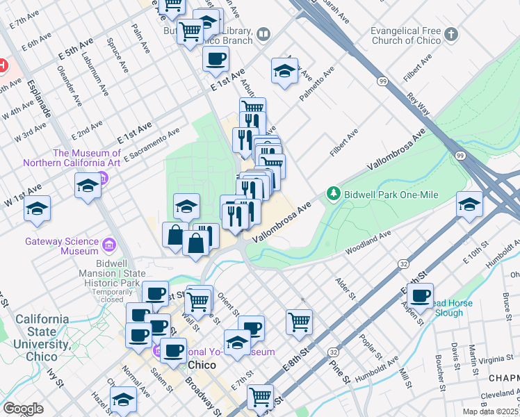 map of restaurants, bars, coffee shops, grocery stores, and more near 690 Mangrove Avenue in Chico