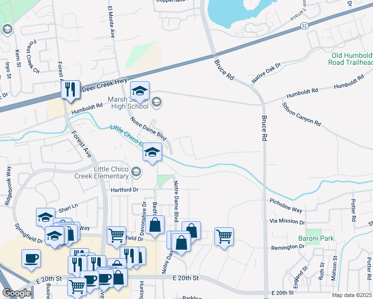 map of restaurants, bars, coffee shops, grocery stores, and more near 2265 Maclovia Avenue in Chico