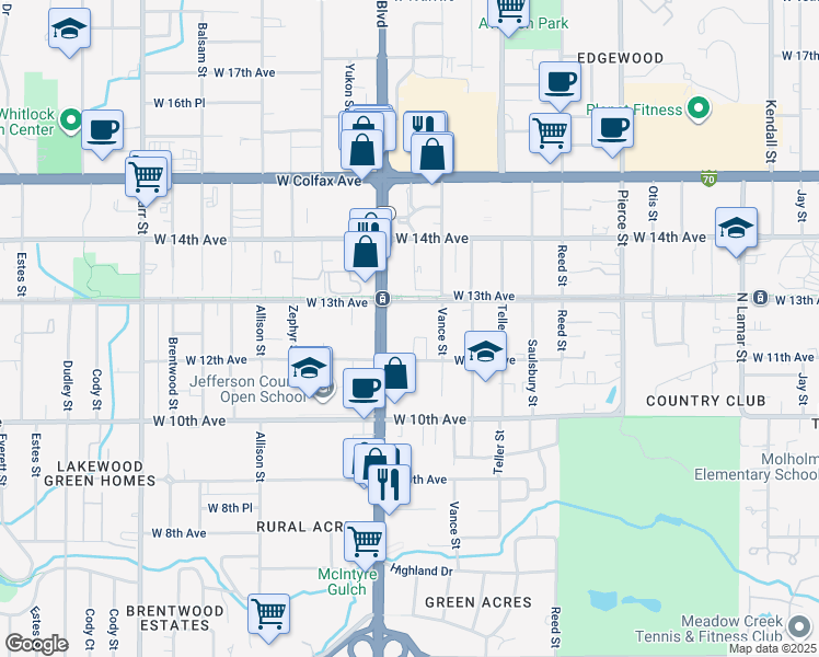 map of restaurants, bars, coffee shops, grocery stores, and more near 1220 Wadsworth Boulevard in Lakewood