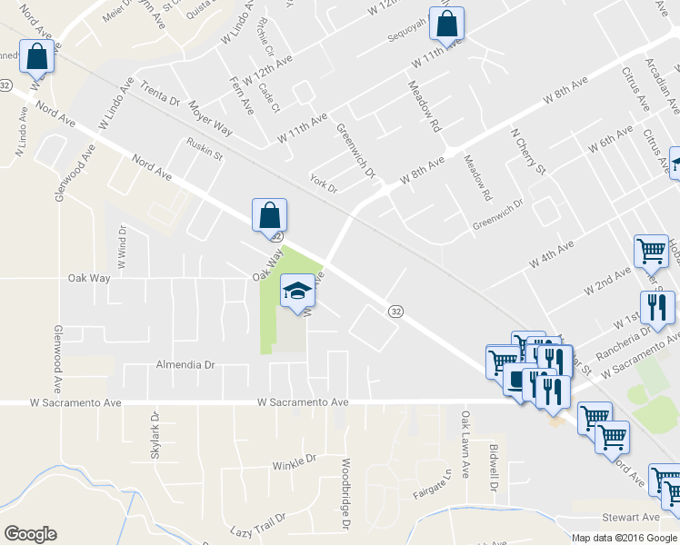 map of restaurants, bars, coffee shops, grocery stores, and more near 1614 Highway 32 in Chico