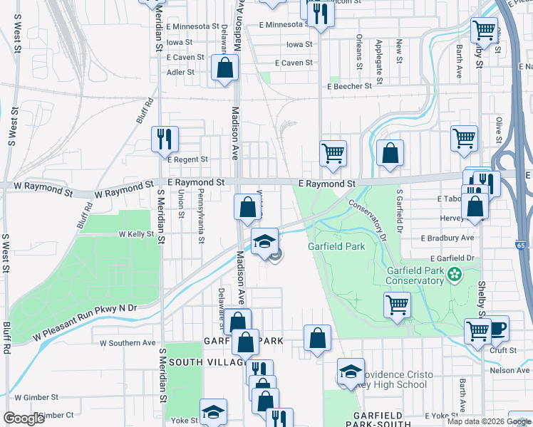 map of restaurants, bars, coffee shops, grocery stores, and more near 234 East Pleasant Run Parkway North Drive in Indianapolis