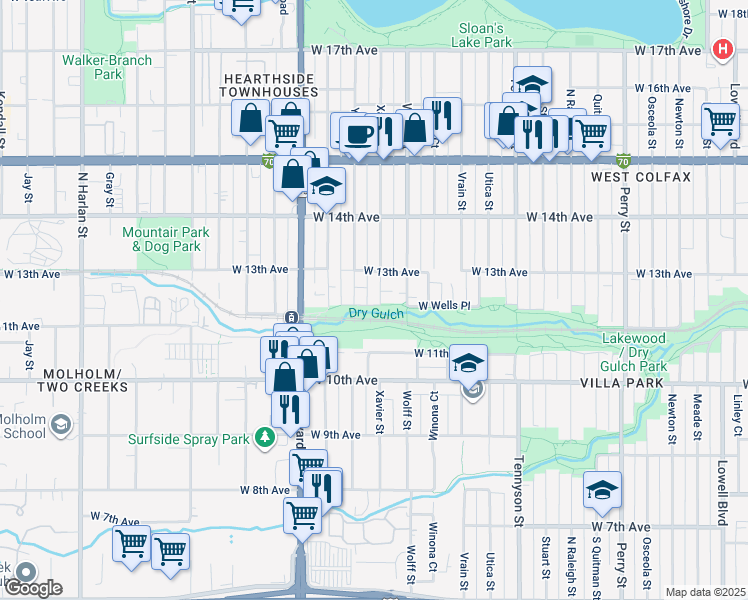 map of restaurants, bars, coffee shops, grocery stores, and more near 1200 Xavier Street in Denver