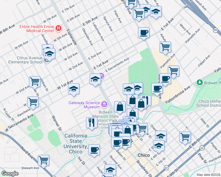 map of restaurants, bars, coffee shops, grocery stores, and more near 152 East Frances Willard Avenue in Chico