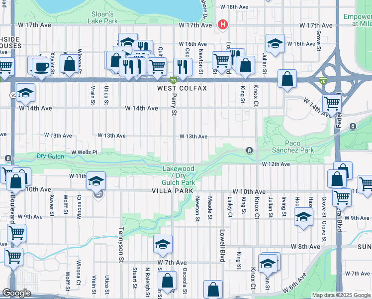map of restaurants, bars, coffee shops, grocery stores, and more near 1200 Perry Street in Denver