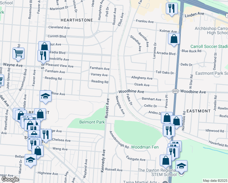 map of restaurants, bars, coffee shops, grocery stores, and more near 4555 Woodbine Avenue in Dayton