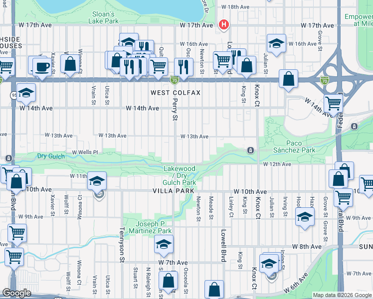 map of restaurants, bars, coffee shops, grocery stores, and more near 1255 Osceola Street in Denver
