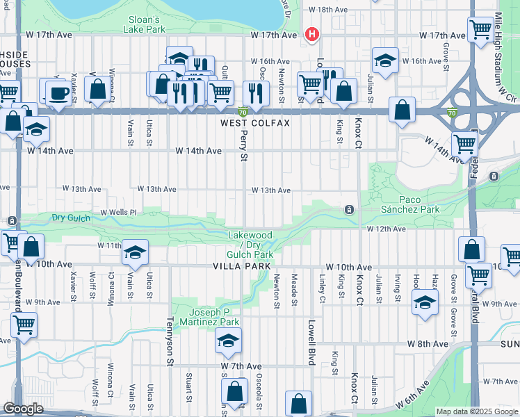 map of restaurants, bars, coffee shops, grocery stores, and more near 1255 Osceola Street in Denver