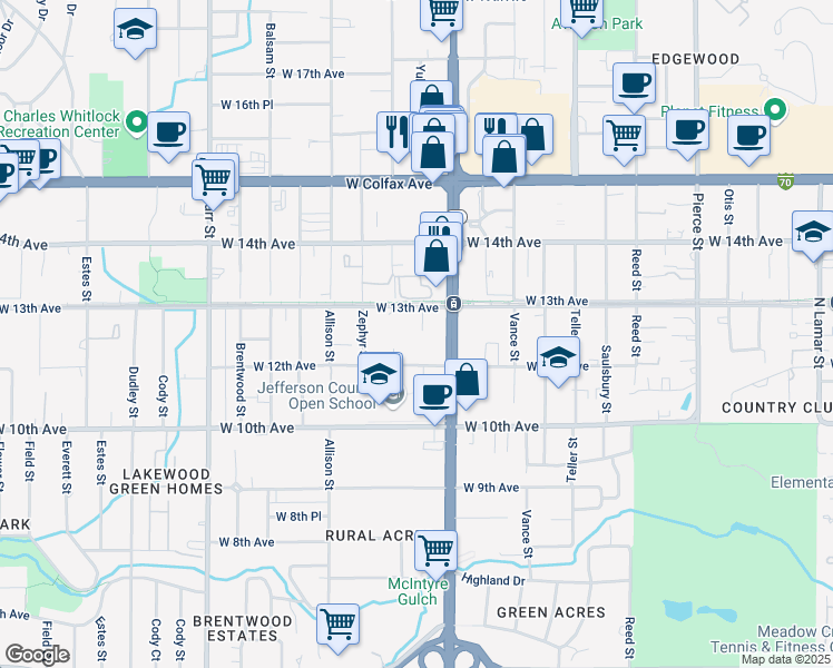 map of restaurants, bars, coffee shops, grocery stores, and more near 1205 Yukon Street in Lakewood